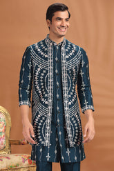 Rama Blue Silk Embroidered Jacket Kurta Set